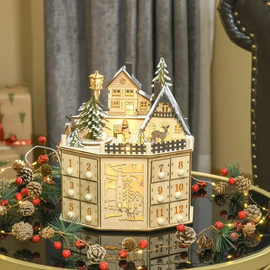 Christmas Wooden Advent Calendar with LED Light & Music Countdown Calendar with 24 Storage Drawers for Xmas Party Decorations