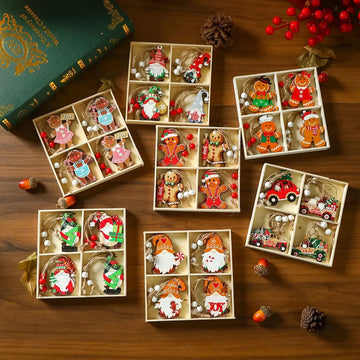 New Christmas decorations, wooden boxes with wooden painted pendants, Christmas tree decoration pendants, small gifts.