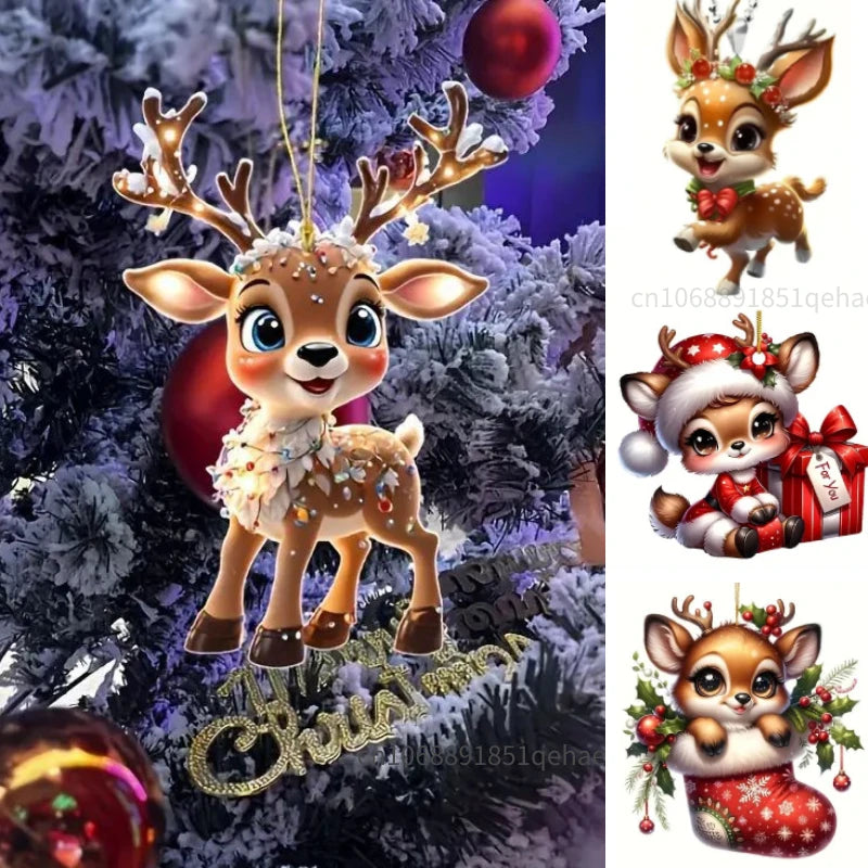 2D Acrylic Cartoon Fawn Christmas Tree Pendant Christmas Cartoon Cute Elk Hanging Decorations 2025 New Year Gifts Party Decor