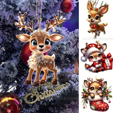 2D Acrylic Cartoon Fawn Christmas Tree Pendant Christmas Cartoon Cute Elk Hanging Decorations 2025 New Year Gifts Party Decor