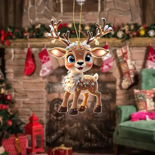 2D Acrylic Cartoon Fawn Christmas Tree Pendant Christmas Cartoon Cute Elk Hanging Decorations 2025 New Year Gifts Party Decor