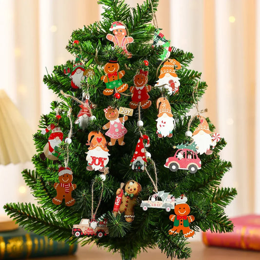 New Christmas decorations, wooden boxes with wooden painted pendants, Christmas tree decoration pendants, small gifts.